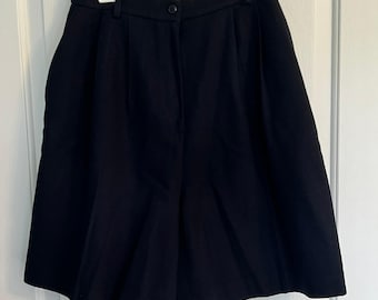 Pantaloncini casual vintage in lana Corner blu navy a vita alta con pieghe e gamba larga, taglia 12