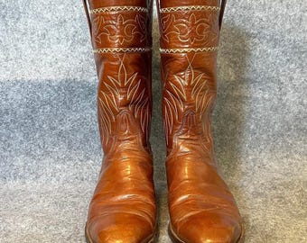 VTG Lucchese San Antonio Cowboy Boots Herren 10D Geschrumpfte Schulter Leder Braun