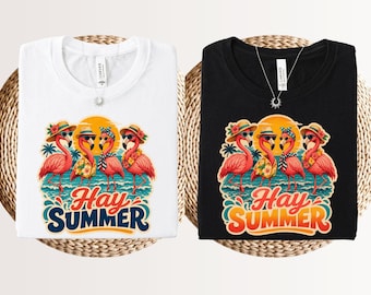 Hello summer retro flamingo shirt, beach memories family vacation tee, hello sunshine sunkissed retro sunset rays girly summer shirt.