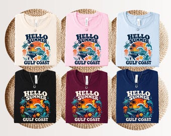 Hello summer gulf coast shirt, Retro sunset rays, Ocean turtle sun shirt, 2026 beach memories, Family summer vibes, Salty girl tee