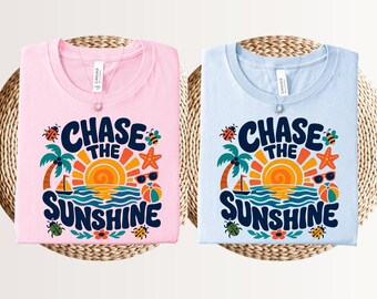 Chase the sunshine hello summer retro shirt, retro sunset rays tee, beach memories family summer vibes, sunkissed here comes the sun