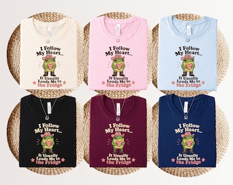 I follow my heart it usually leads me to the fridge shirt, funny cowboy frog tee, western frog shirt, lazy country animal meme gift.