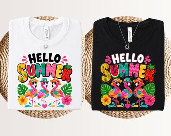 Hello summer retro shirt, girly beach t-shirt, neon summer graphic tee, cousins beach vacation, family summer vibes, sunkissed top.