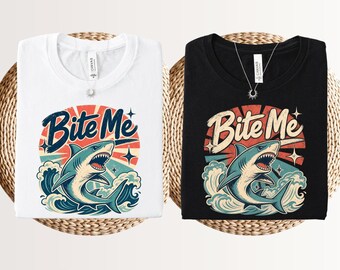Bite me retro great white shark attack shirt, vintage jaws amity island tee, funny shark week marine biology gifts for a shark lover