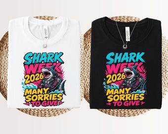 Shark week 2026 many sorries to give shirt, funny great white shark attack tee, retro amity island gift for marine biology shark lover