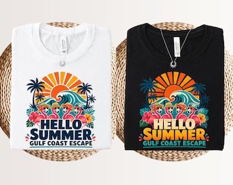 Hello summer gulf coast escape shirt, hello summer retro tee, 2026 beach memories, retro sunset rays, sunny shirt, here comes the sun