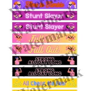 May include: A collection of colorful cheerleading-themed graphics. Each graphic features text such as "Time to Tumble", "Stunt Slayer", "Full Out", "Strong All Day Long", and "All Cheer, No Fear". The graphics are in various colors including purple, pink, yellow, and black.