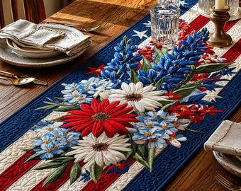 America 250 Years Colorful Flowers Table Runner, USA 250th Anniversary Tablecloth, 1776-2026 Patriotic Decor, Independence Day Dining Decor