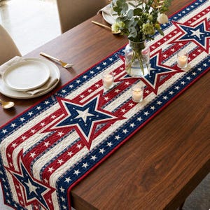 May include: A patriotic table runner featuring a red, white, and blue star and stripe design. The runner is made of quilted fabric and has large blue stars with white stars inside. The runner is approximately 12 inches wide and 72 inches long.