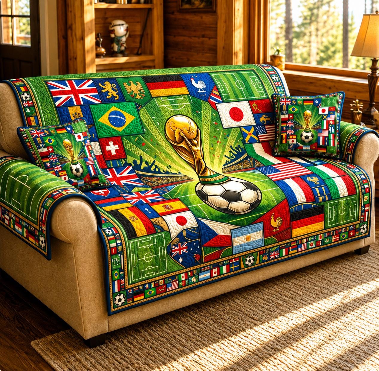 Discover 2026 Soccer Match Day Quilt Sofa Cover, World Soccer Cup Couch Protector, Soccer Nation Flag Style Living Room, Soccer Lover Slipcover Decor