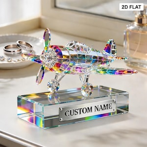 Placa plana 2D personalizada con efecto cristal de avión, placa de avión de cristal con nombre personalizado, estatua de piloto para decoración del hogar, regalo para amantes de los aviones.