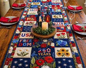 America 250 Years Floral Patriot Table Runner, USA 250th Anniversary Tablecloth, 1776-2026 Patriotic Decor, Independence Day Dining Decor