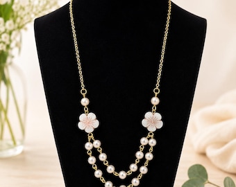 Double Strand Pearl Necklace: Gold Chain with White Enamel Flowers, Art Deco Inspired Statement Jewelry, Cottagecore Floral Necklace