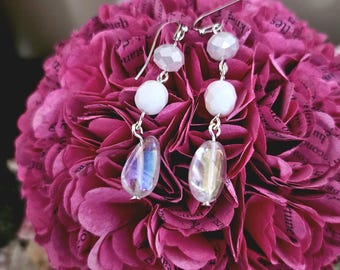 Iridescent White Crystal Dangle Earrings, Aurora Borealis Teardrop Earrings, Handmade Bridal Jewelry, Elegant Sparkly Drop Earrings