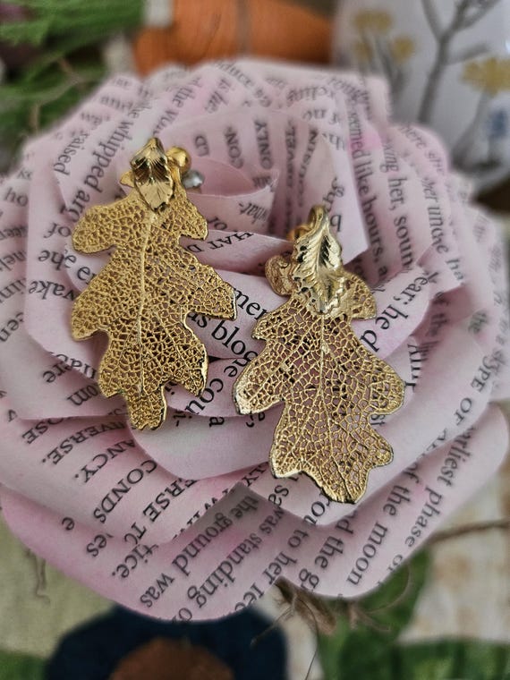 Gold-dipped real oak leaf earrings, designed to showcase the intricate, natural veining of the leaves