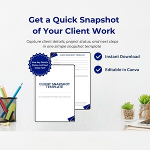 Könnte beinhalten: Eine weiße Client-Snapshot-Vorlage mit blauen Akzenten. Die Vorlage enthält den Text "Get a Quick Snapshot of Your Client Work" und "Capture client details, project status, and next steps in one simple snapshot template."