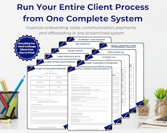 Paquete de gestión de clientes para asistentes virtuales / Plantillas de CRM, incorporación y desvinculación (Canva)
