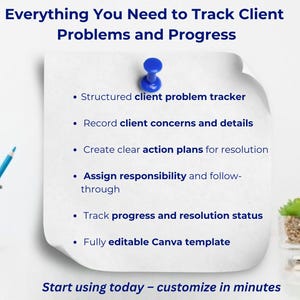 May include: A white paper with a blue pushpin, listing steps for tracking client problems and progress. Text includes "Structured client problem tracker" and "Fully editable Canva template." A pencil holder and small plants are in the background.
