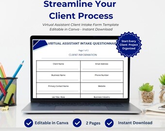 Virtual Assistant Client Intake Form | Onboarding Template, Editable Canva (Digital Download)