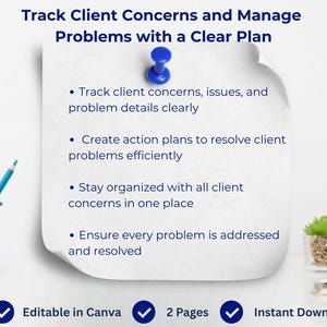 May include: A white sticky note with a blue push pin, featuring text about managing client concerns. The text includes bullet points on tracking issues, creating action plans, and staying organized. The bottom of the note has icons and text that say "Editable in Canva", "2 Pages", and "Instant Download".