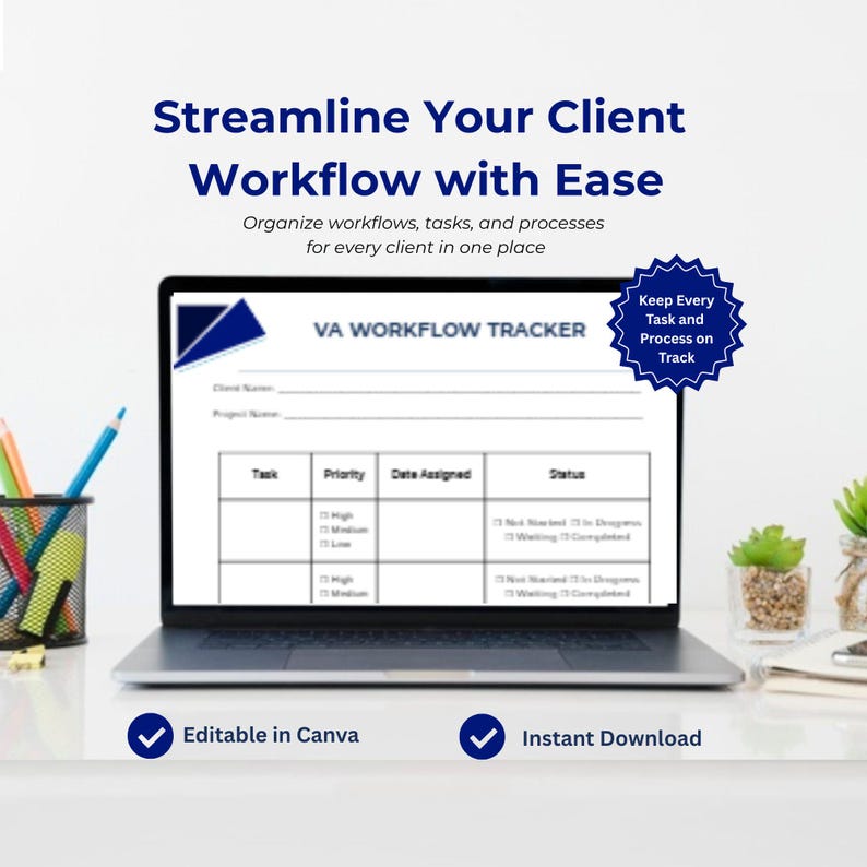 Peut inclure: Un ordinateur portable affiche un mod&egrave;le "VA WORKFLOW TRACKER". L'&eacute;cran montre un tableau avec des colonnes pour T&acirc;che, Priorit&eacute;, Date attribu&eacute;e et Statut. Le texte au-dessus indique "Streamline Your Client Workflow with Ease".