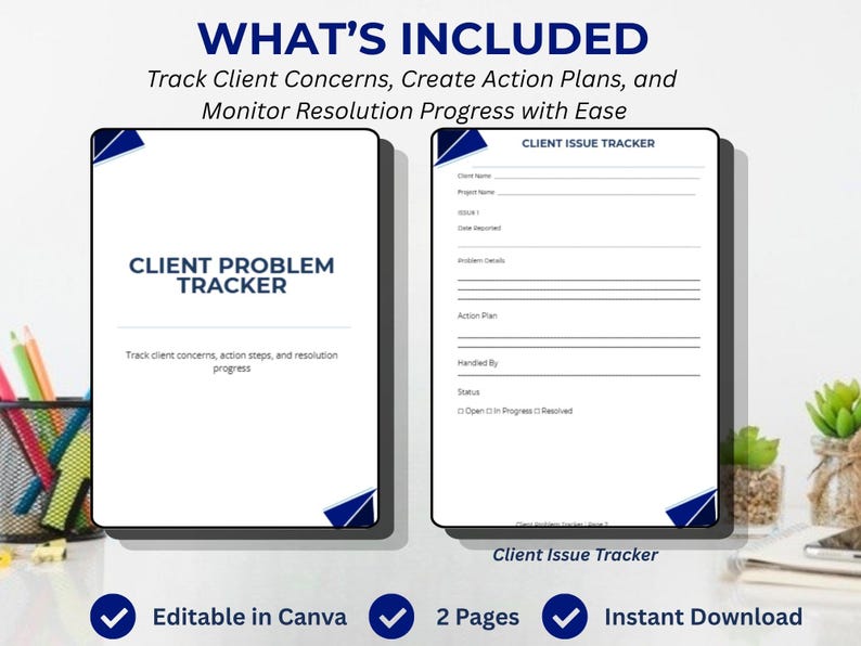 May include: A digital template for client issue tracking. The image shows two white documents with blue accents. One is labeled "Client Problem Tracker" and the other "Client Issue Tracker." Text includes "Track Client Concerns, Create Action Plans, and Monitor Resolution Progress with Ease."