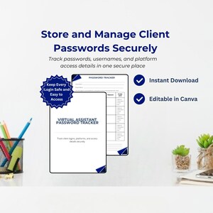 Op de afbeelding: Een digitale wachtwoordtracker met de tekst "Wachtwoorden veilig opslaan en beheren". Het ontwerp bevat een wachtwoordtrackersjabloon, een blauwe badge met "Houd elke login veilig en gemakkelijk toegankelijk" en de woorden "Direct downloaden" en "Bewerkbaar in Canva".