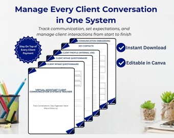 Virtual Assistant Client Communication System | Workflow Tracker (Canva, Digital Download)