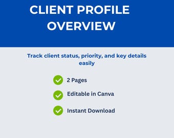 Mall för översikt av klientprofil | VA-hanteringsblad för frilansare (Canva)