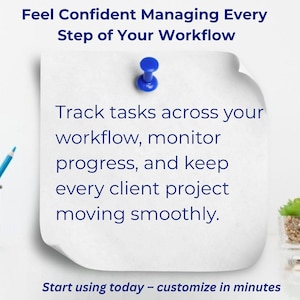 Peut inclure: Un papier blanc avec une punaise bleue, contenant du texte sur la gestion des flux de travail. Le texte se lit : "Feel Confident Managing Every Step of Your Workflow." Le texte suppl&eacute;mentaire comprend : "Track tasks across your workflow..." et "Start using today - customize in minutes."