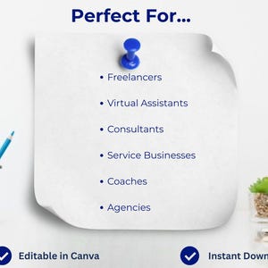 Peut inclure: Un bloc-notes blanc avec une punaise bleue, &eacute;num&eacute;rant "Freelancers", "Virtual Assistants", "Consultants", "Service Businesses", "Coaches" et "Agencies". Le texte "Perfect For..." est en haut. Les mots "Editable in Canva" et "Instant Download" sont &eacute;galement pr&eacute;sents.