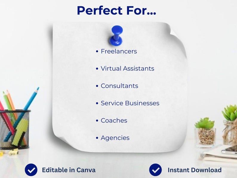 Peut inclure: Un bloc-notes blanc avec une punaise bleue, &eacute;num&eacute;rant "Freelancers", "Virtual Assistants", "Consultants", "Service Businesses", "Coaches" et "Agencies". Le texte "Perfect For..." est en haut. Les mots "Editable in Canva" et "Instant Download" sont &eacute;galement pr&eacute;sents.