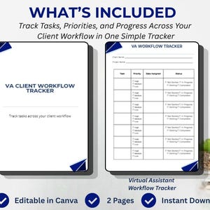 Peut inclure: Un suivi num&eacute;rique du flux de travail client VA avec un fond blanc et des accents bleus. Le suivi comprend des sections pour les t&acirc;ches, les priorit&eacute;s et le statut. Le texte comprend "Editable in Canva", "2 Pages" et "Instant Download".