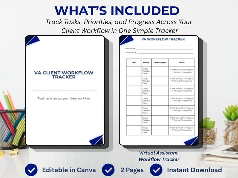 Peut inclure: Un suivi num&eacute;rique du flux de travail client VA avec un fond blanc et des accents bleus. Le suivi comprend des sections pour les t&acirc;ches, les priorit&eacute;s et le statut. Le texte comprend "Editable in Canva", "2 Pages" et "Instant Download".
