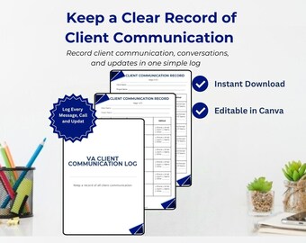 Registro de comunicación con el cliente / Rastreador de asistentes virtuales, plantilla editable de Canva (descarga digital)