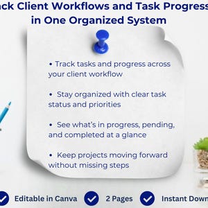 Peut inclure: Une feuille de papier blanche avec une punaise bleue, &eacute;num&eacute;rant les fonctionnalit&eacute;s de flux de travail et de suivi des t&acirc;ches. Le texte comprend "Track Client Workflows and Task Progress in One Organized System." Texte suppl&eacute;mentaire : "Editable in Canva", "2 Pages" et "Instant Download."