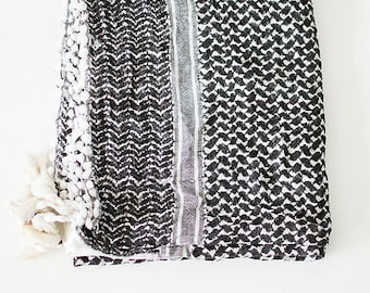 Vintage Large Square Tasseled Arab Shemagh Scarf Black White Boho Festival