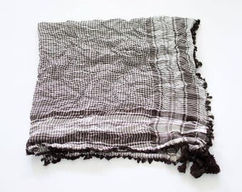 Vintage Large Square Tasseled Arab Shemagh Scarf Brown White Boho Festival FREE UK SHIPPING