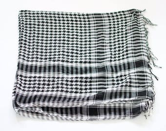 Vintage Large Square Tasseled Arab Shemagh Scarf Black White Boho Festival FREE UK SHIPPING