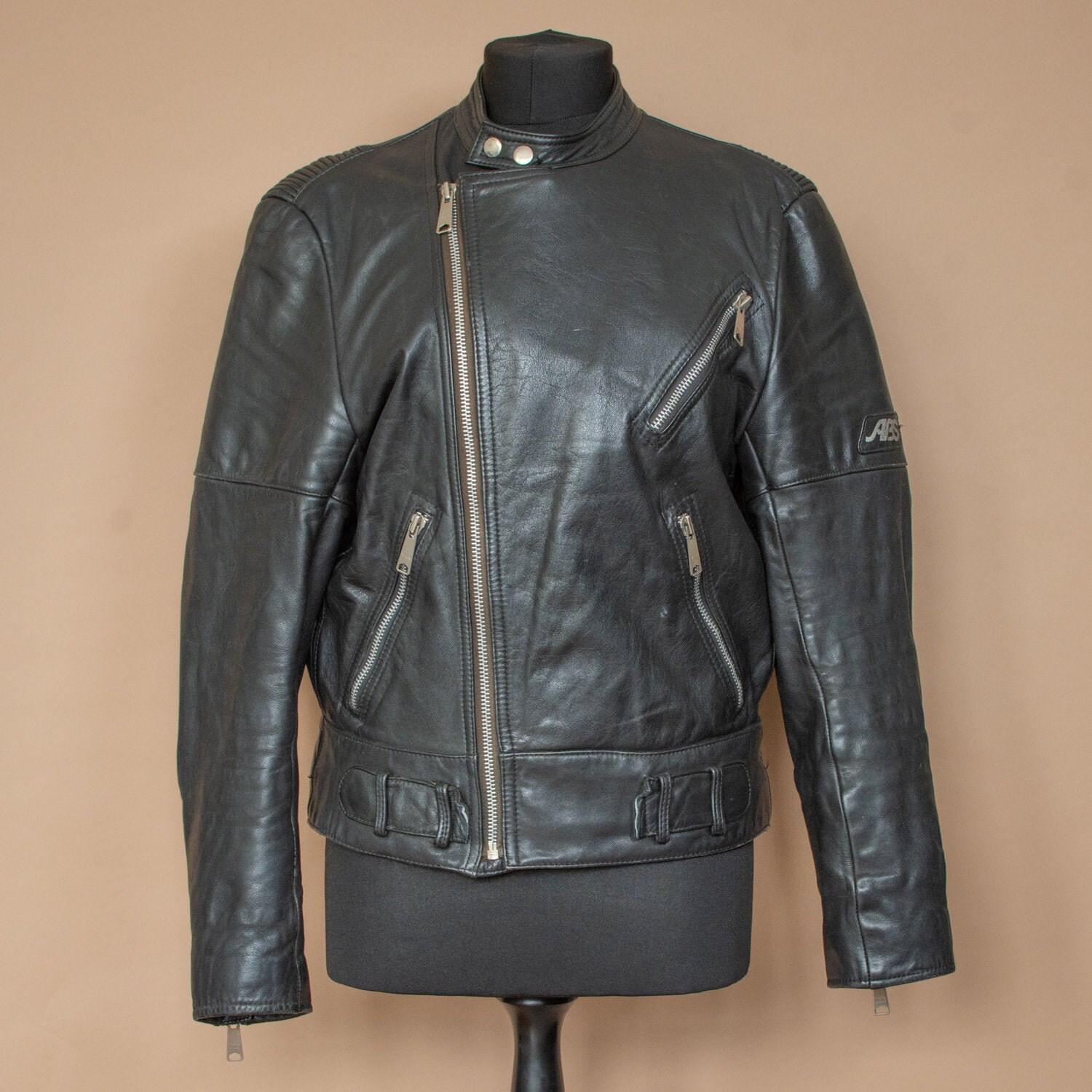 Image of Vintage Abs Black Leather Biker Jacket Motorcycle Rock Grunge Men's Large 40 42