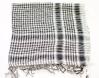 Vintage Large Square Tasseled Arab Shemagh Scarf Black White Boho Festival