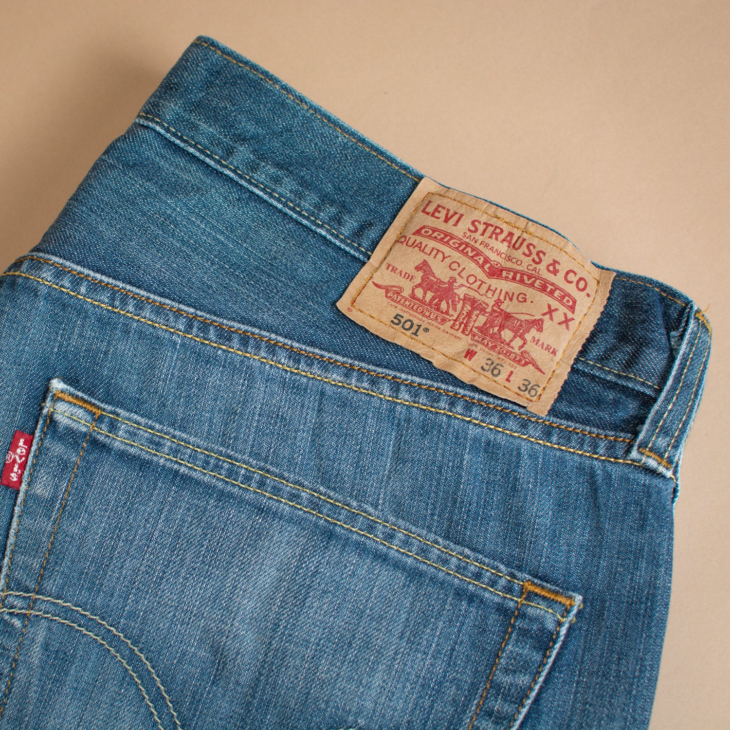 Image of Levi 501 Jeans Blue Straight Button Fly Unisex Vintage | Patchw36L36 W 35 L 34