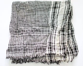 Vintage Large Square Tasseled Arab Shemagh Scarf Black White Boho Festival FREE UK SHIPPING