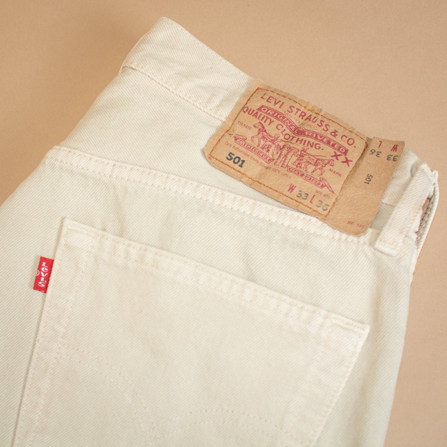 Image of Levi 501 Jeans Beige Straight Button Fly Unisex Vintage | Patchw33L36 W 31 L