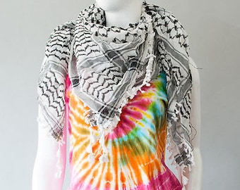 Vintage Large Square Tasseled Arab Shemagh Scarf Black White Boho Festival