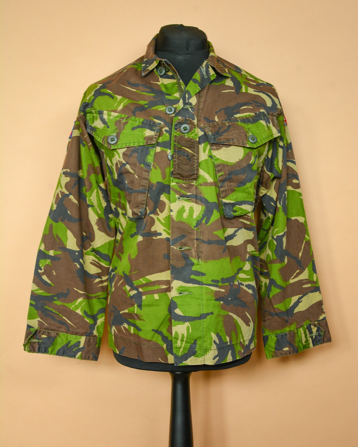 Image of Army Surplus Green British Wood Camo Shirt Jacket Button Zip Unisex Small Medium
