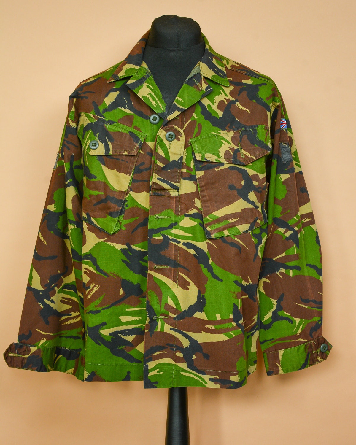 Image of Army Surplus Green British Wood Camo Shirt Jacket Button Zip Unisex Large Xlarge