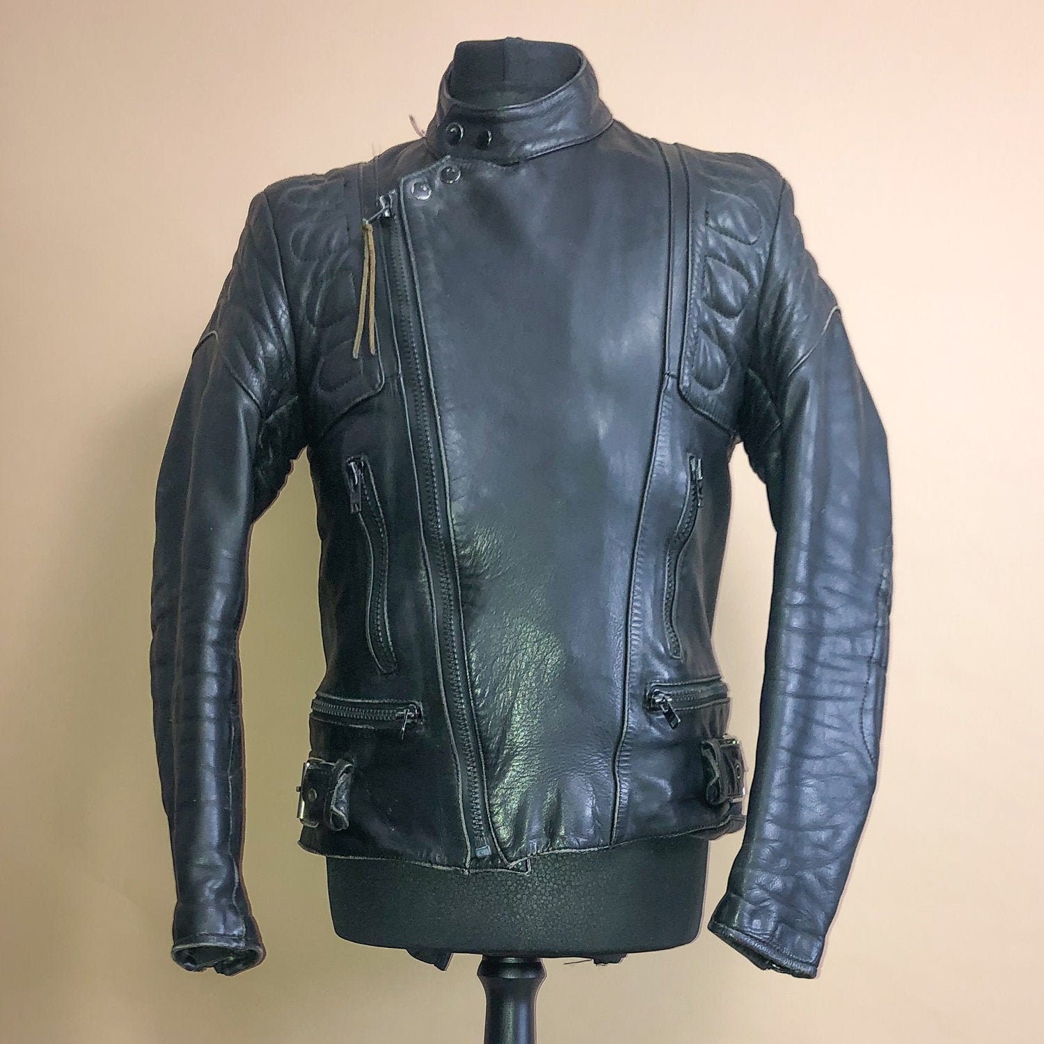 Image of Vintage Black Leather Biker Jacket Motorcycle Men's Small 34 36