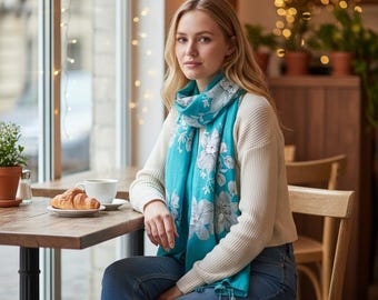 Floral Embroidered Scarf with Tassels, soft hand feel, Mother's day