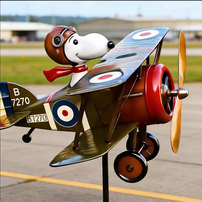 Snoopy Flying Ace Biplane Wind Spinner, Metal Yard Art, Outdoor
